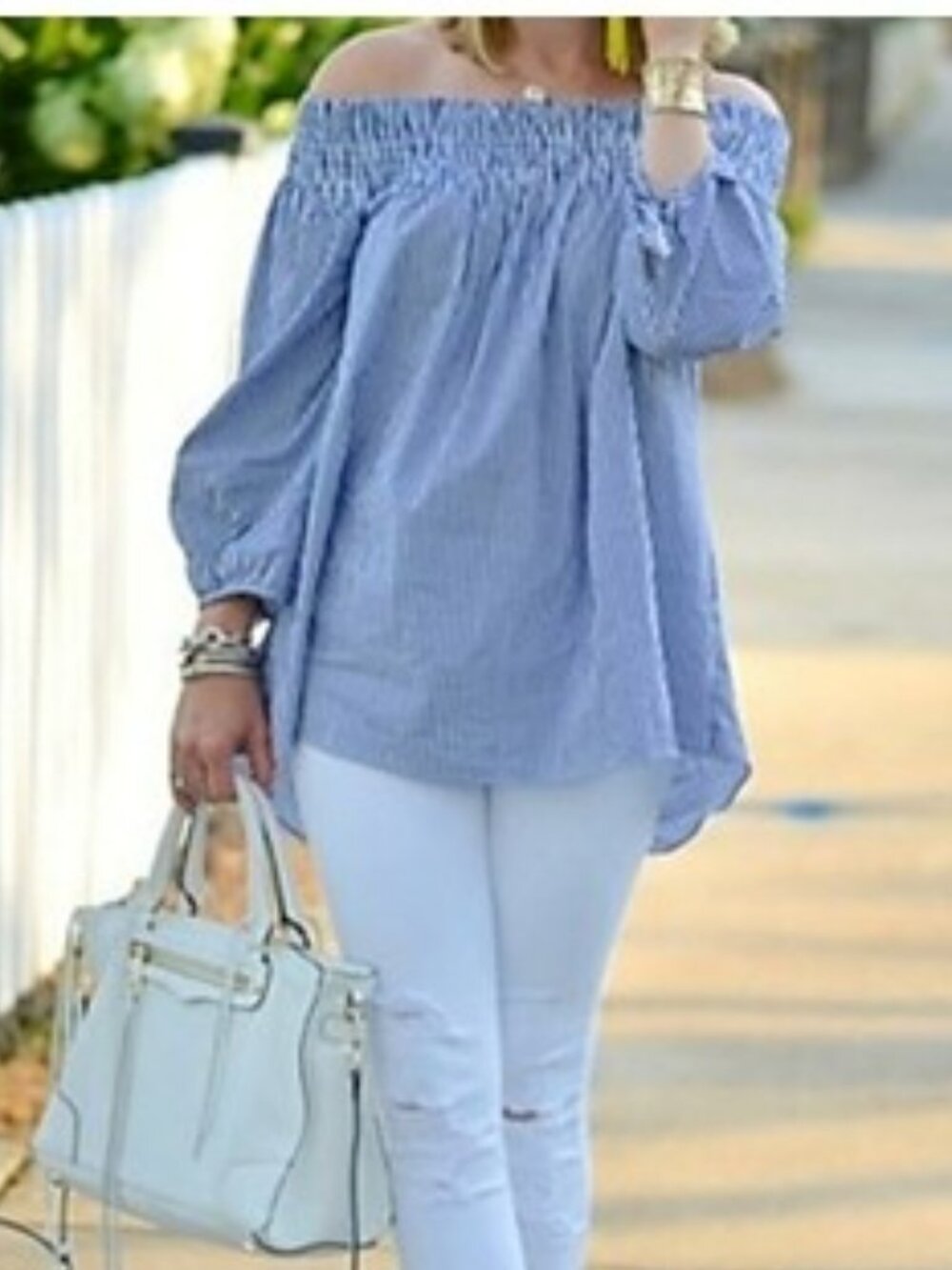 Women’s Off Shoulder Blue Striped Blouse Boho Peasant Size Small Smocked Bardot